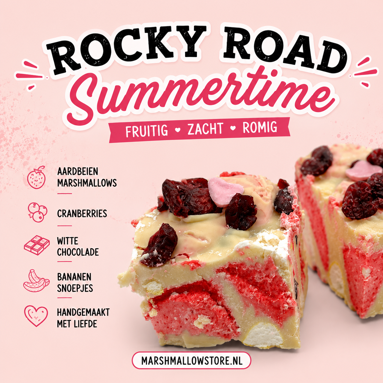 Rocky Road Summertime – Witte Chocolade, Aardbeien Marshmallows, Cranberries en Bananensnoepjes